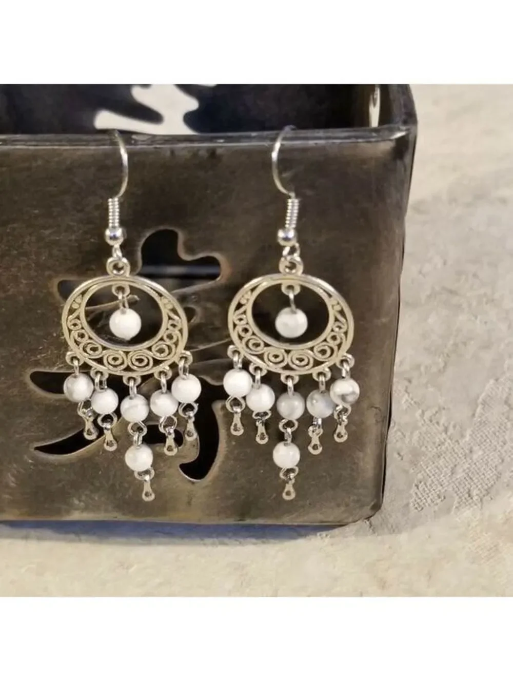Hand Crafted Natural White Howlite Gemstone Antique Silver Chandelier Earrings
